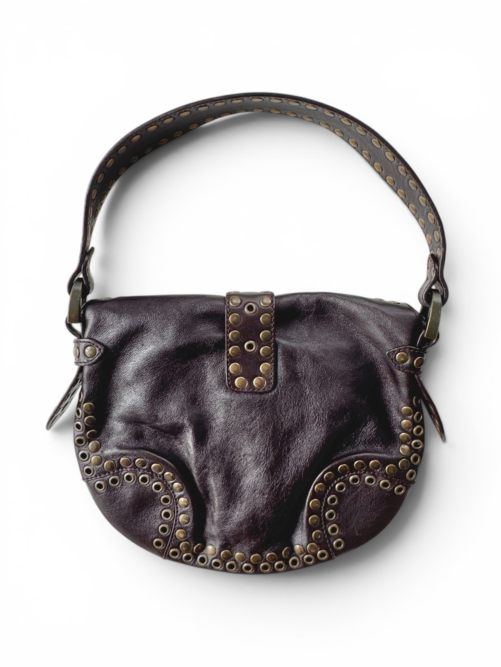Bally Chocolate Brown Leather Studded Shoulder Bag - Picture 3 of 6
